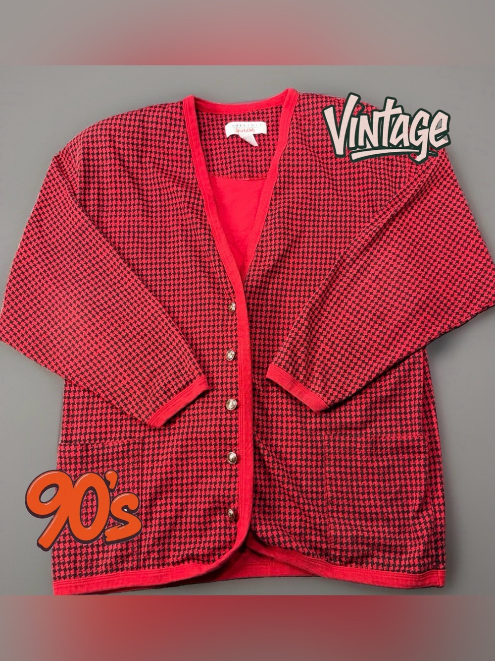 Vintage 90s Cambridge SportsClub Cardigan M Red Black Houndstooth Shoulder Pads